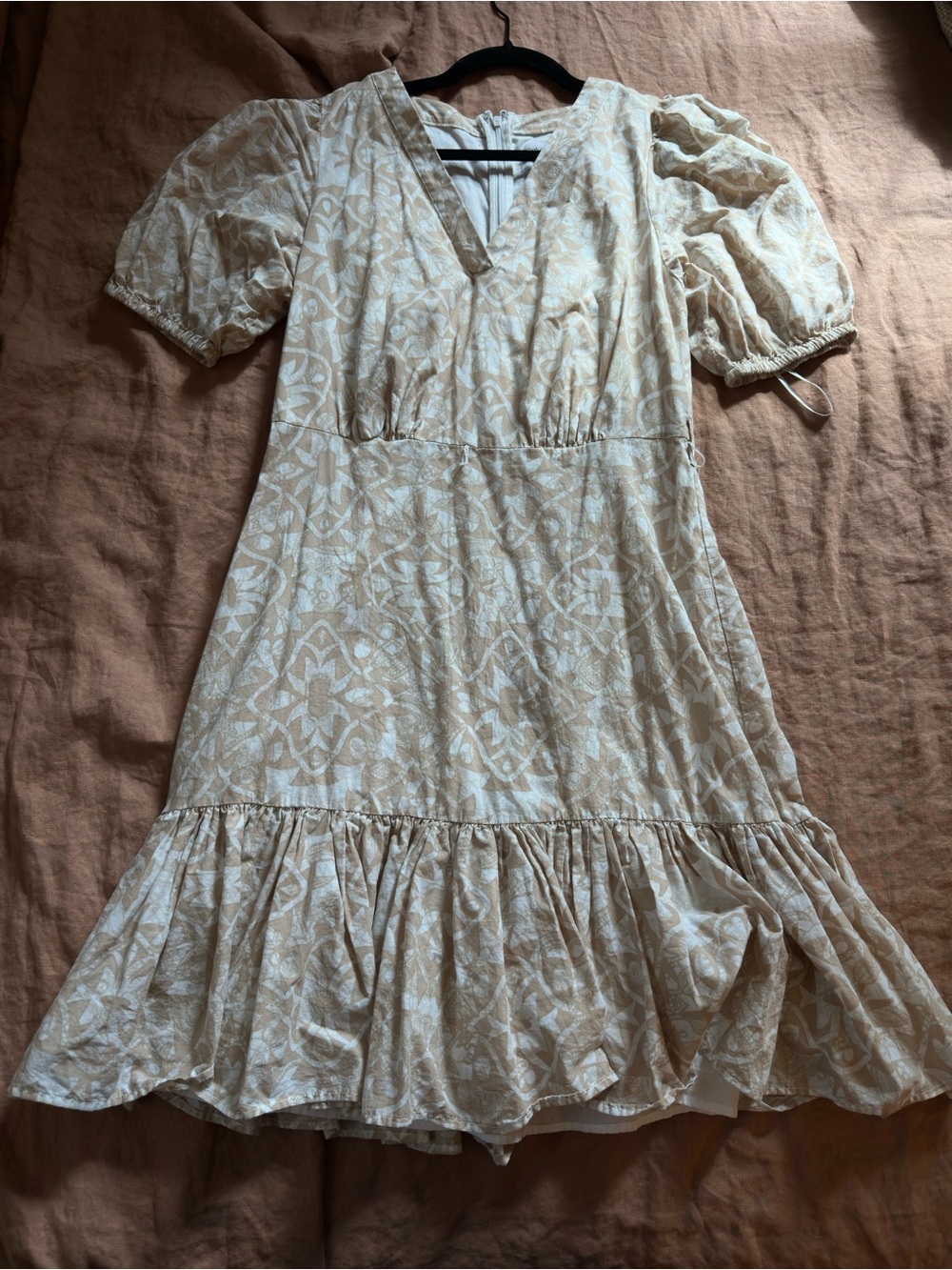 Calvin Klein Beige Floral V-Neck Puff Sleeve Women’s Dress